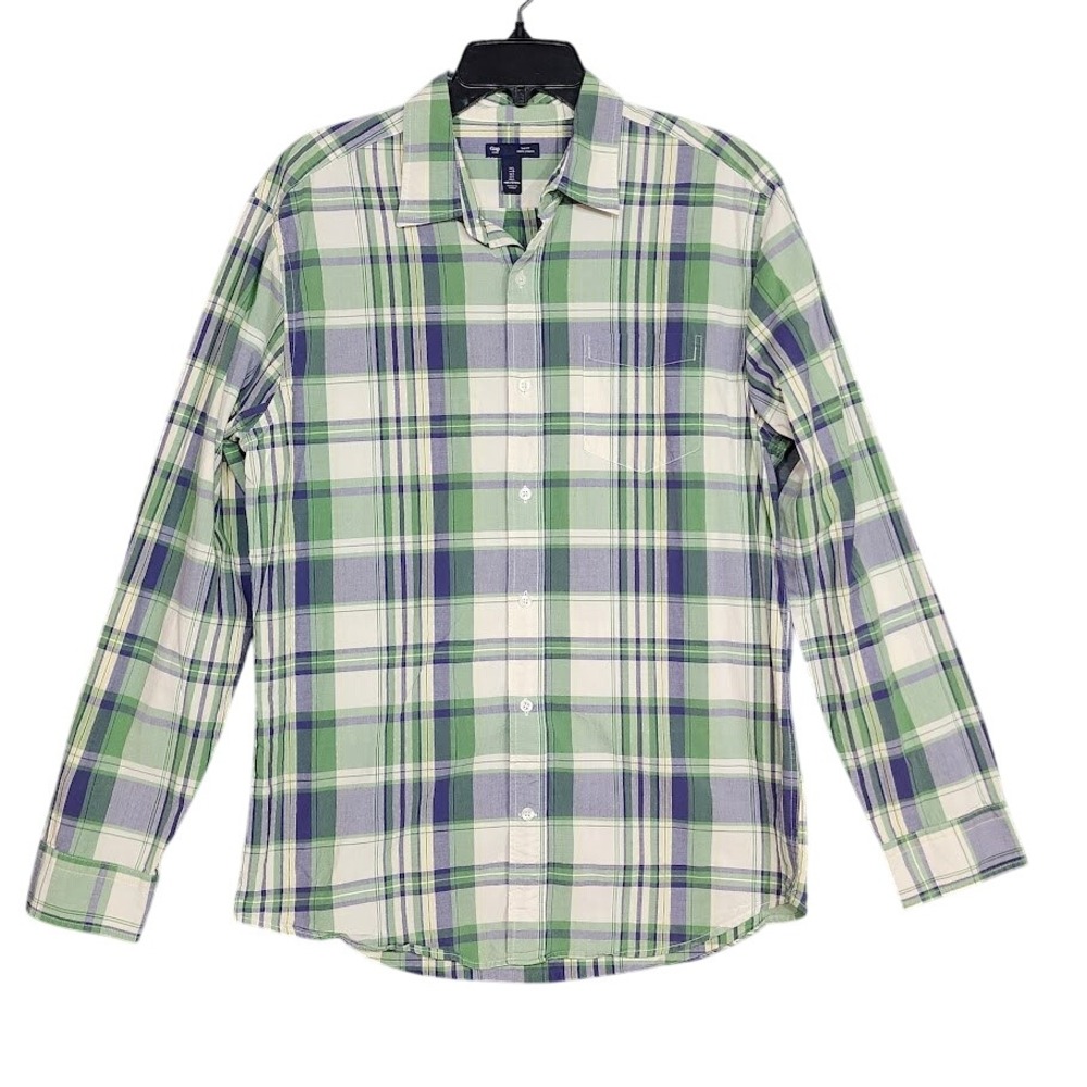 GAP Slim Fit Plaid Long Sleeve Button Down‎ Shirt Men Large Green Purple White